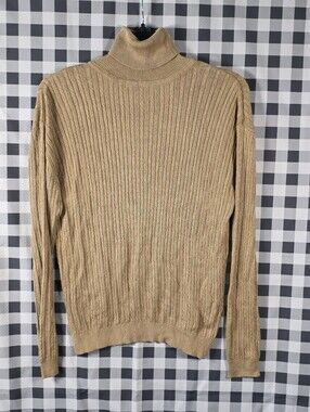 Barry Bricken Women’s XS 100% Silk Cable Knit Turtleneck Sweater Tan Old Money
